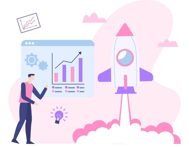 A rocket launching with a gentleman in front of a website.