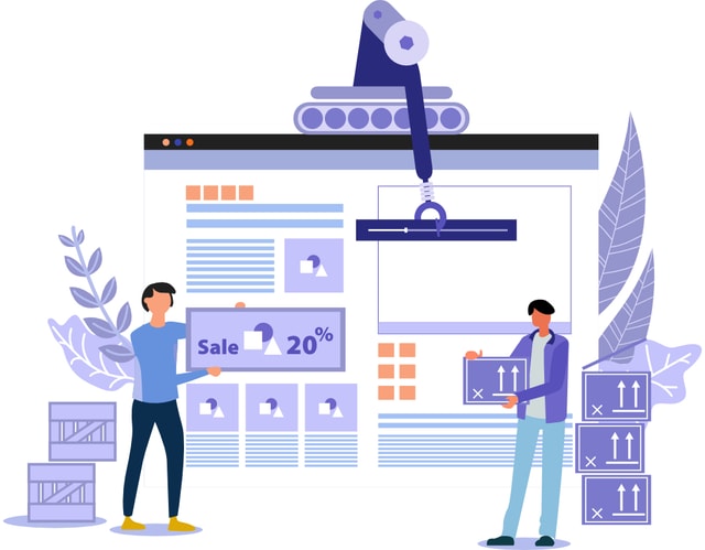 Two people and a crane putting content on a webpage to help build it.