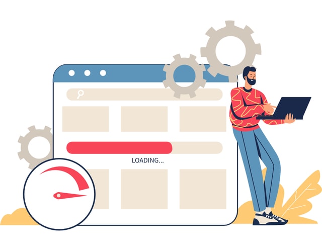 Guy leaning against a webpage with cogs.