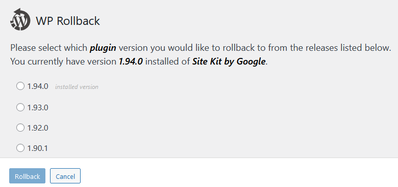 Image of the WP Rollback plugin in action